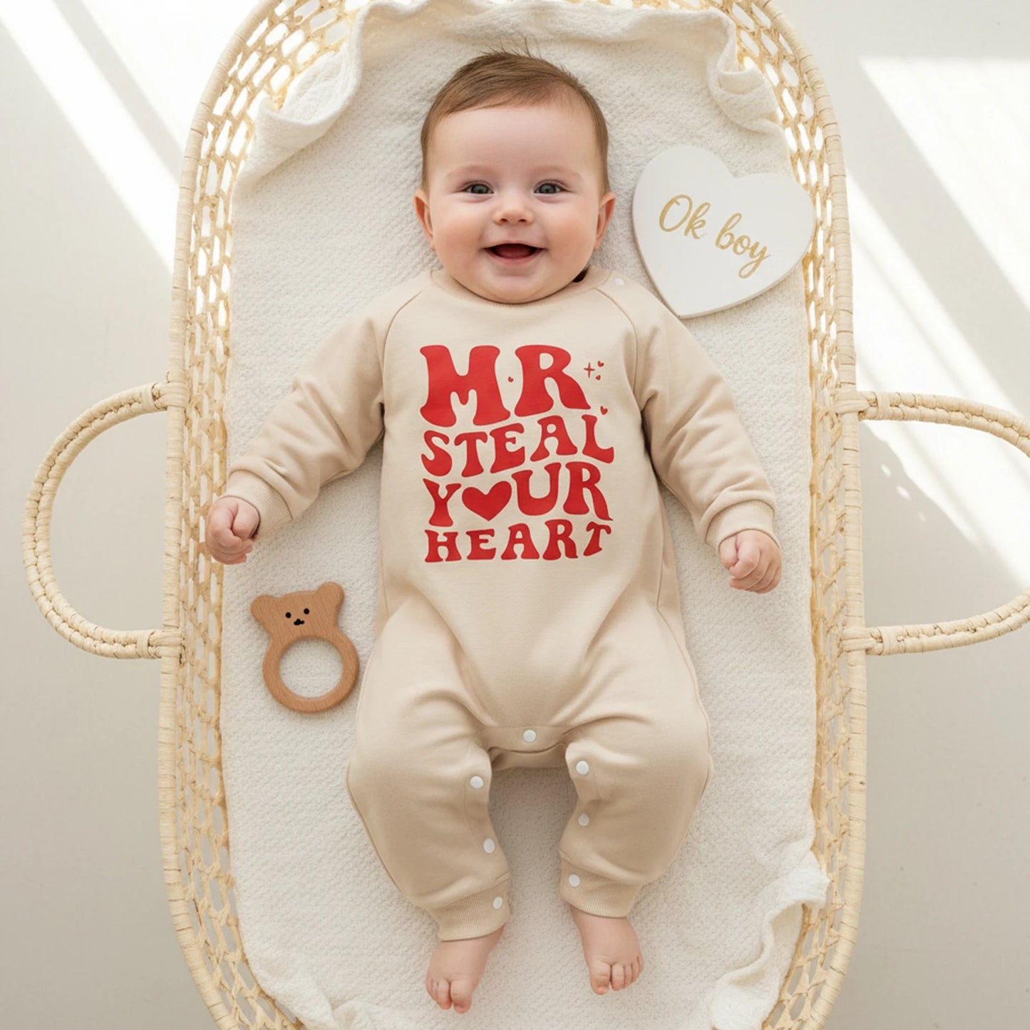 Baby Boy Valentines Romper Mr. Steal Your Heart Fashionable Cute Letters Printed Long Sleeve Jumpsuit
