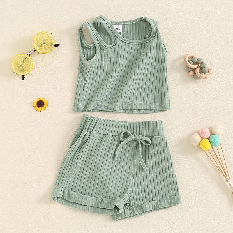 Baby Toddler Girls 2Pcs Ribbed Tank Top Elastic Waistband Drawstring Shorts Matching Outfit Set