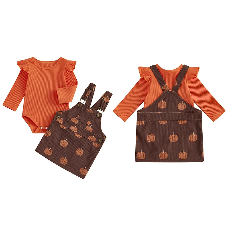 Baby Girls 2Pcs Halloween Set Long Sleeve Ruffled Ribbed Romper Pumpkin Print Overalls Skirt Outfit