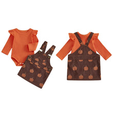 Load image into Gallery viewer, Baby Girls 2Pcs Halloween Set Long Sleeve Ruffled Ribbed Romper Pumpkin Print Overalls Skirt Outfit
