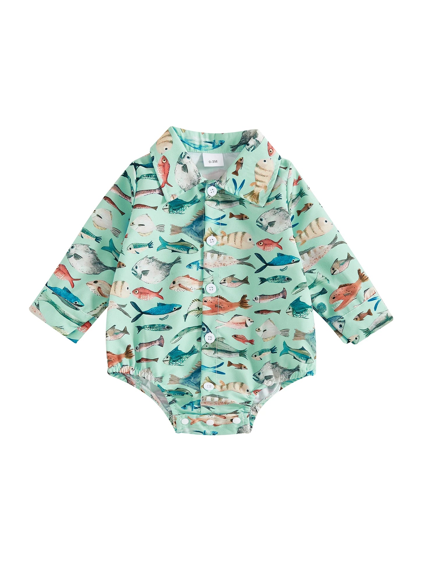 Baby Boys Girls Romper Long Sleeve Lapel Collar Fish Print Bodysuit Fall Playsuit