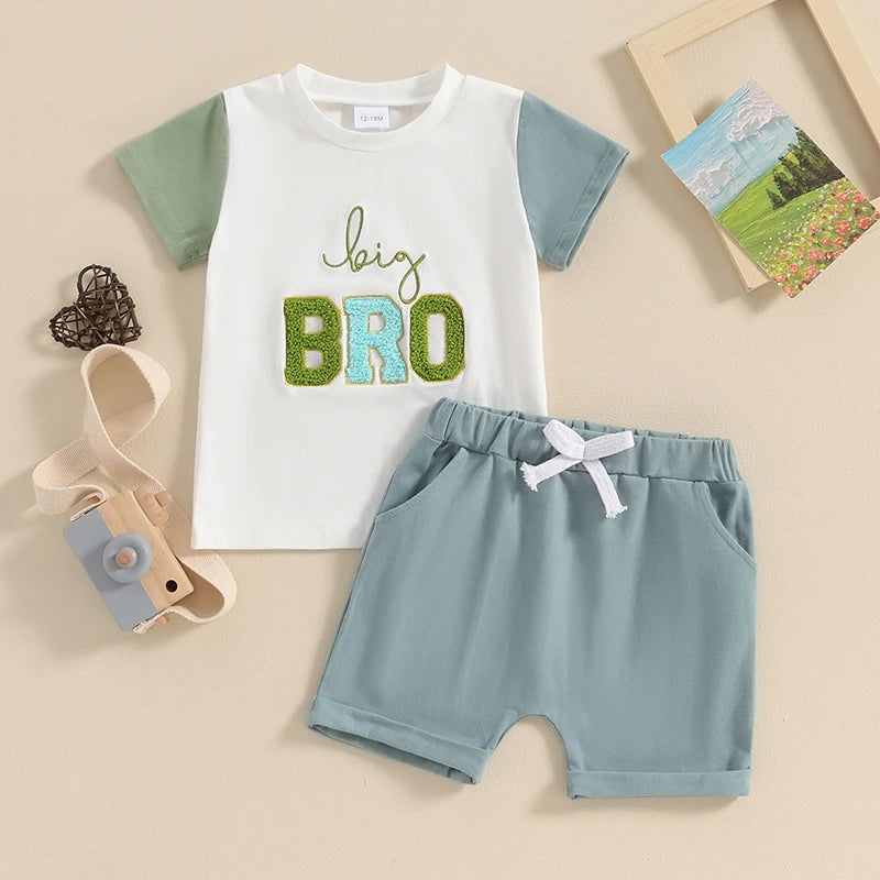 Baby Toddler Kids Boys 2Pcs Little Big Bro Brothers Matching Clothes Set Short Sleeve Embroidery Letters Top with Elastic Waist Shorts Set Summer Outfit