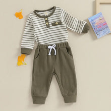 Load image into Gallery viewer, Baby Boy Girl 2Pcs Long Sleeve Waffle Knit Striped Romper Long Pants Set Outfit
