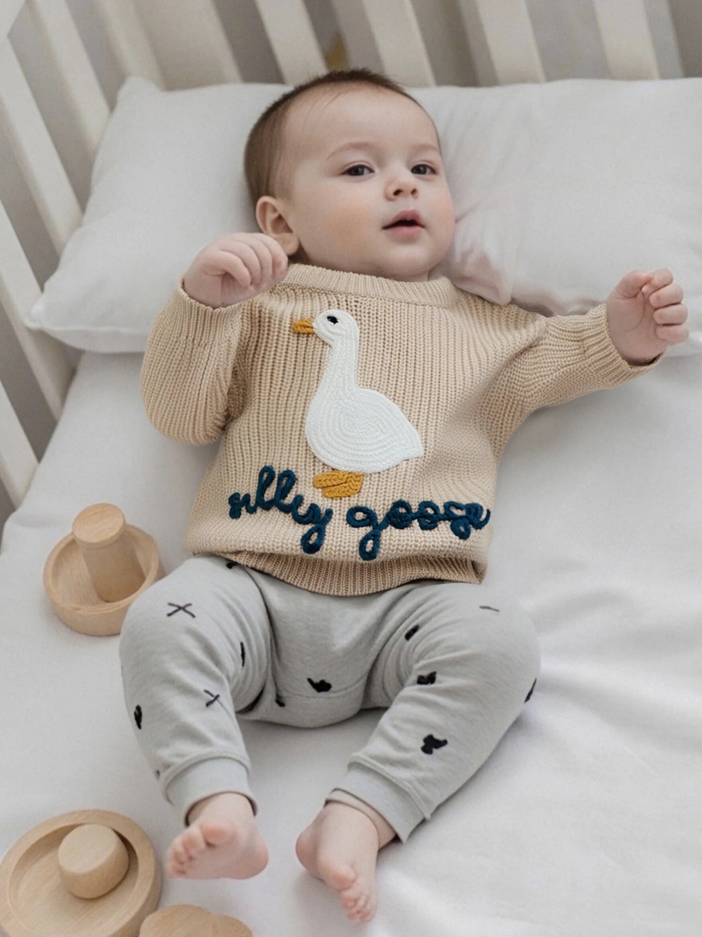 Baby Toddler Boys Girls Silly Goose Sweater Animal Letter Embroidered Crewneck Long Sleeve Pullover Knit Top