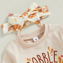 Load image into Gallery viewer, Baby Toddler Girls 3Pcs Gobble Til You Wobble Thanksgiving Outfit Letter Print Long Sleeve Top and Turkey Elastic Pants Headband Set
