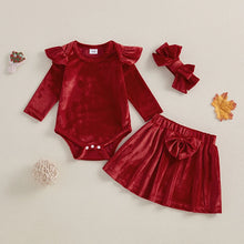 Load image into Gallery viewer, Baby Girls 3Pcs Christmas Outfit Ruffle Long Sleeve Velvet Romper Elastic Waist Skirt Headband Set
