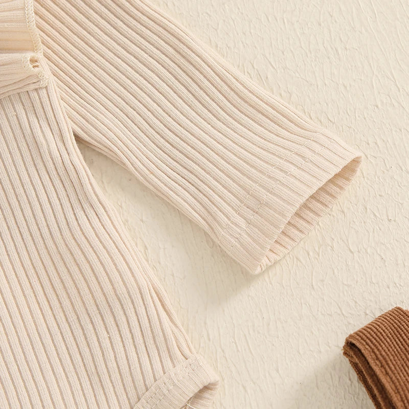 Baby Girl 2Pcs Fall Outfit Solid Ruffled Long Sleeve Crew Neck Romper with Corduroy Suspender Skirt 2Pcs Set