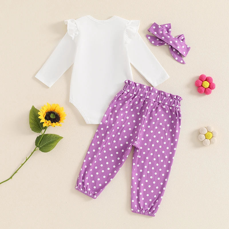 Baby Girls 3Pcs 1 First Birthday Outfit Floral Embroidery Long Sleeve Romper with Polka Dot Pattern Pants and Headband Set