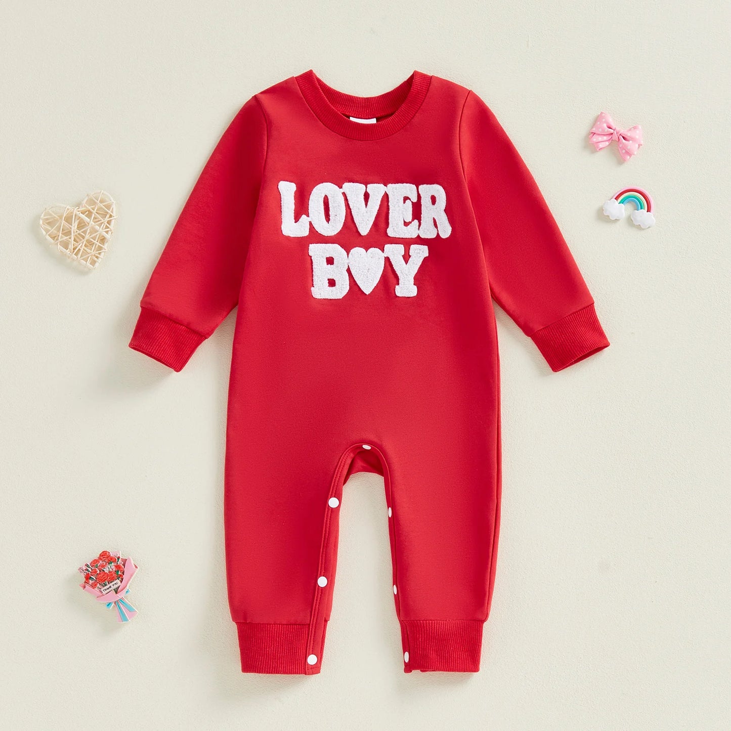 Baby Boy Lover Boy Romper Letter Embroidery Crew Neck Long Sleeve Jumpsuit Valentine's Day