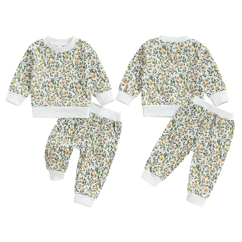 Baby Toddler Girls 2Pcs Outfit Floral Flowers Long Sleeve Crew Neck Top with Elastic Waist Pants Set