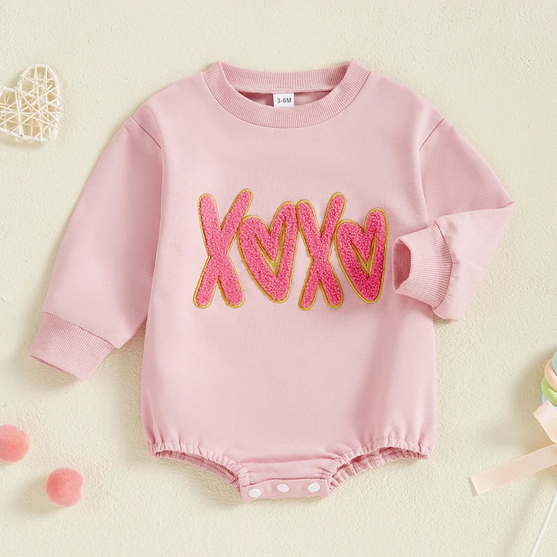 Baby Girl XOXO Bubble Romper Valentine's Day Letter Heart Embroidered Long Sleeve Valentines Jumpsuit