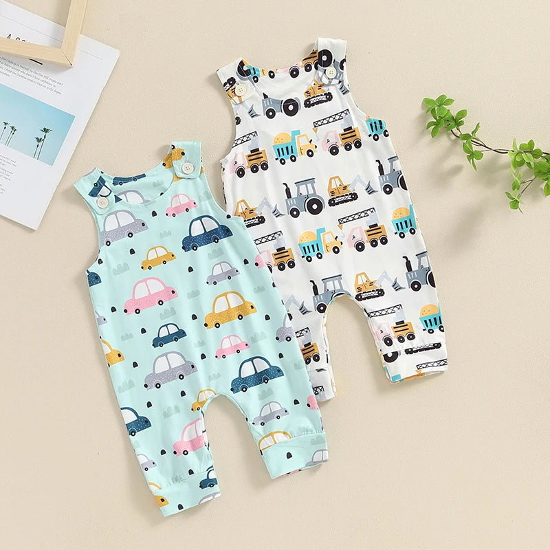 Baby Boy Summer Tank Romper Cartoon Tractor Car Print Sleeveless Round Neck Full Length Bodysuit