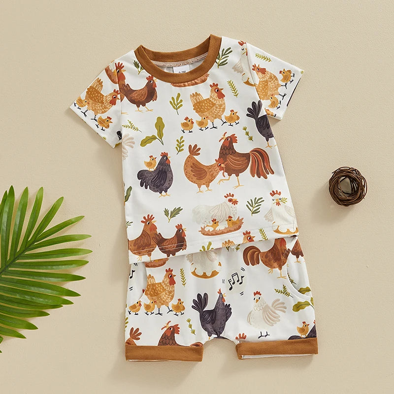 Toddler Baby Boy 2Pcs Farm Clothes Chickens Animals Print Shirt Shorts Outfit Set