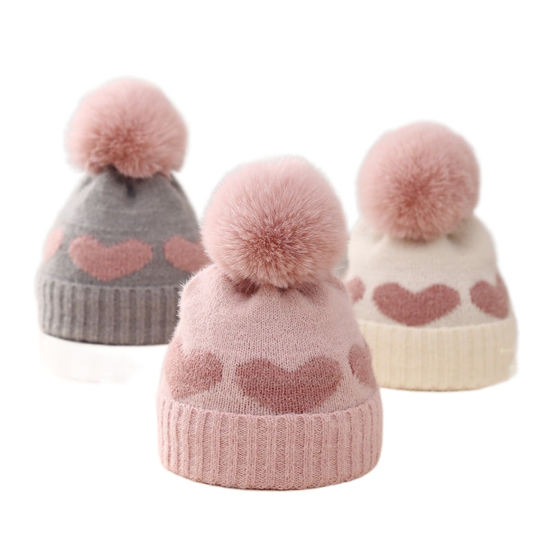 Baby Girl Winter Hat Cute Heart Pattern Plush Pom Pom Knit Beanie Warm