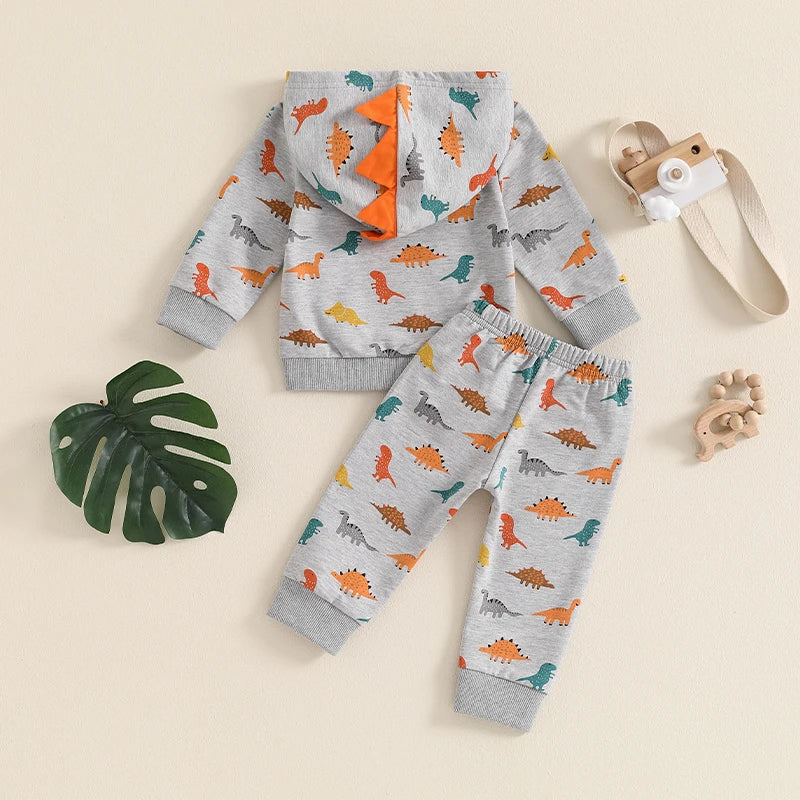 Baby Toddler Boys 2Pcs Fall Clothes Dinosaur Print Long Sleeve Hooded Top  with Elastic Waist Pants Outfit Set