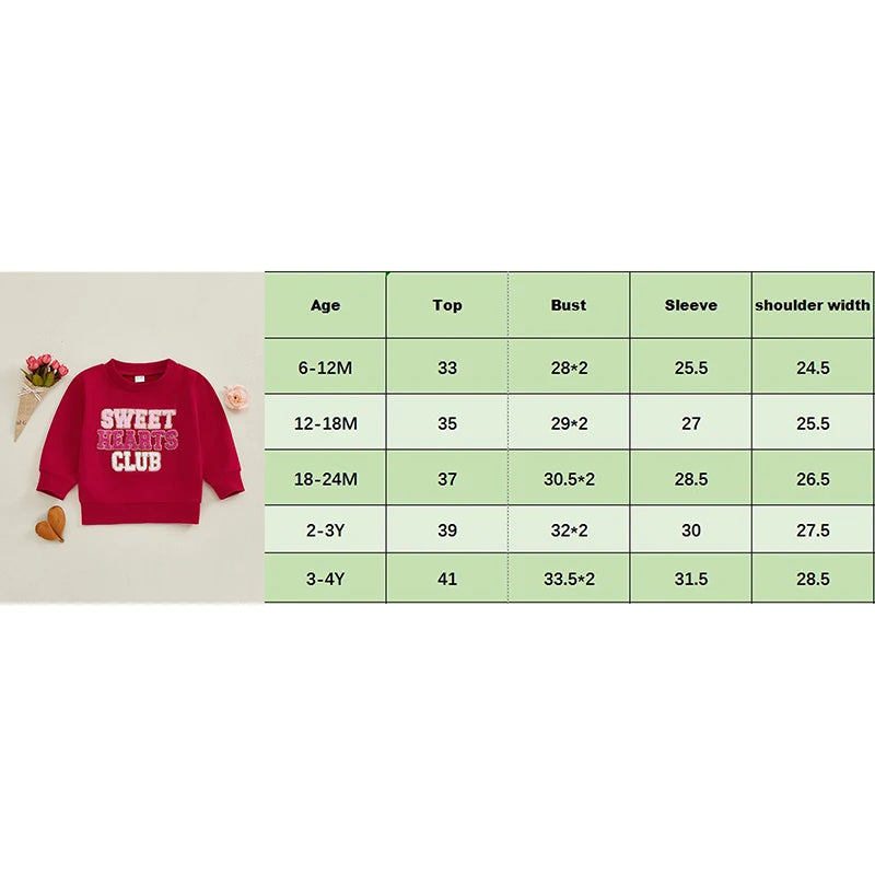 Baby Toddler Girls Sweet Hearts Club Valentine's Day Letter Embroidery Crewneck Long Sleeve Casual Pullover Top Valentines