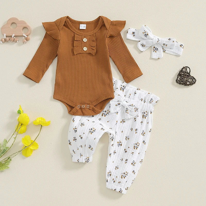 Baby Girls 3Pcs Fall Outfit Long Sleeve Ribbed Ruffle Shoulder Romper with Floral Flower Print Pants and Headband Set