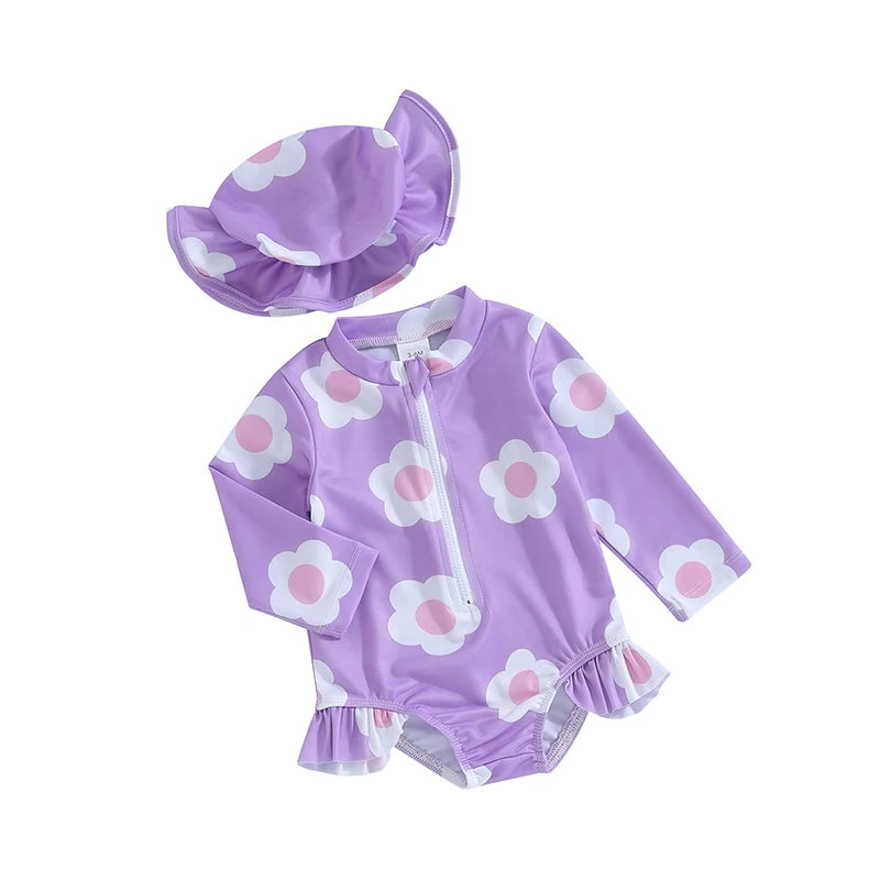 Baby Toddler Girls 2Pcs Swimsuit with Hat Flower Print Long Sleeve Ruffles Round Neck Front Zipper Bathing Suit Set