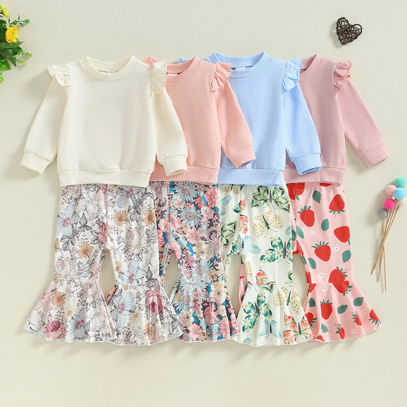 Baby Toddler Girls 2Pcs Outfit Fly Long Sleeve Round Neck Top Floral Flower / Butterfly / Strawberry Print Flared Pants Set