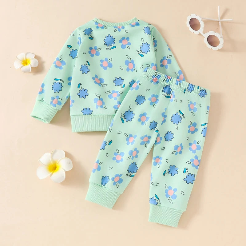 Baby Toddler Girls 2Pcs Fall Set Long Sleeve O Neck Floral Flower Print Top Elastic Waist Pants Set