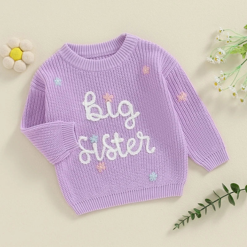 Toddler Kids Girl Big Sister Sweater Cute Long Sleeve Letter Embroidery Knit Pullover Loose Top