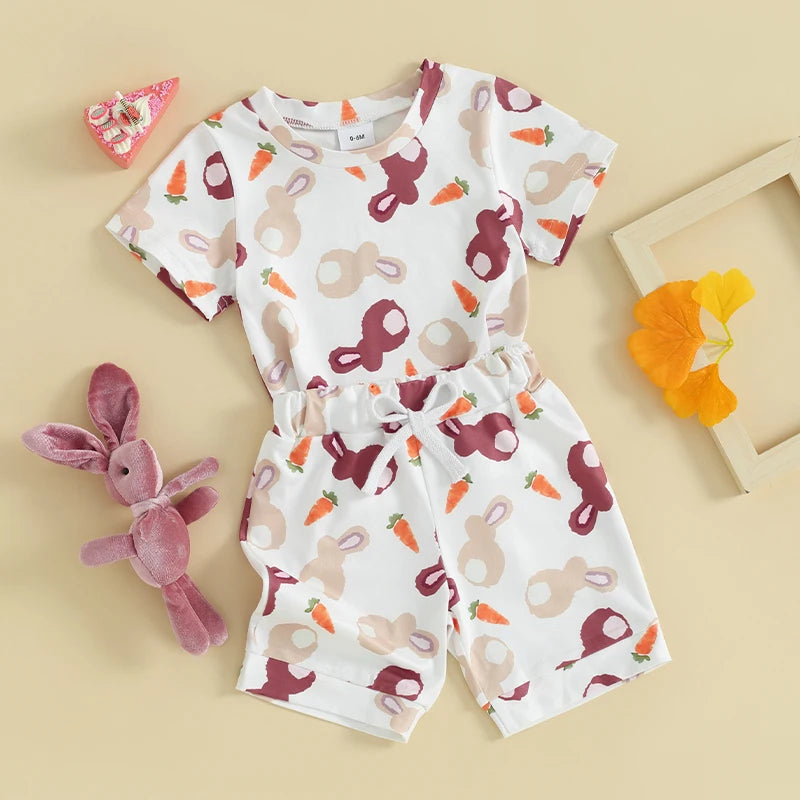 Baby Toddler Boys Girls 2Pcs Easter Set Bunny Rabbit Carrot Print Short Sleeve T-shirt with Elastic Waist Shorts Outfit