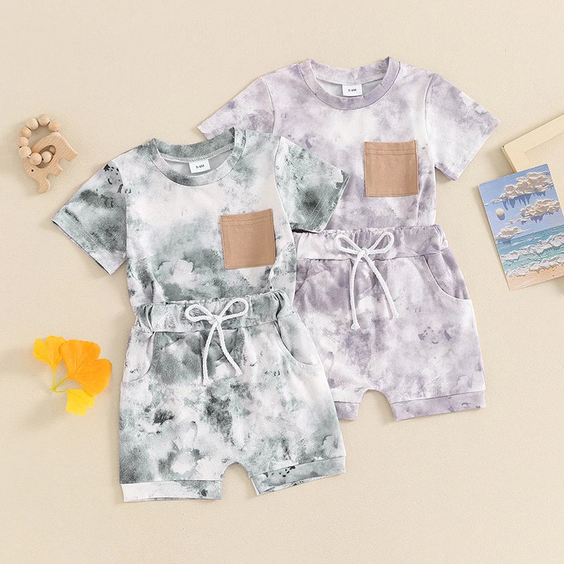 Toddler Baby Boys Girls 2Pcs Clothes Set Tie-dye Print Short Sleeve Top with Elastic Waist Shorts Summer Outfit