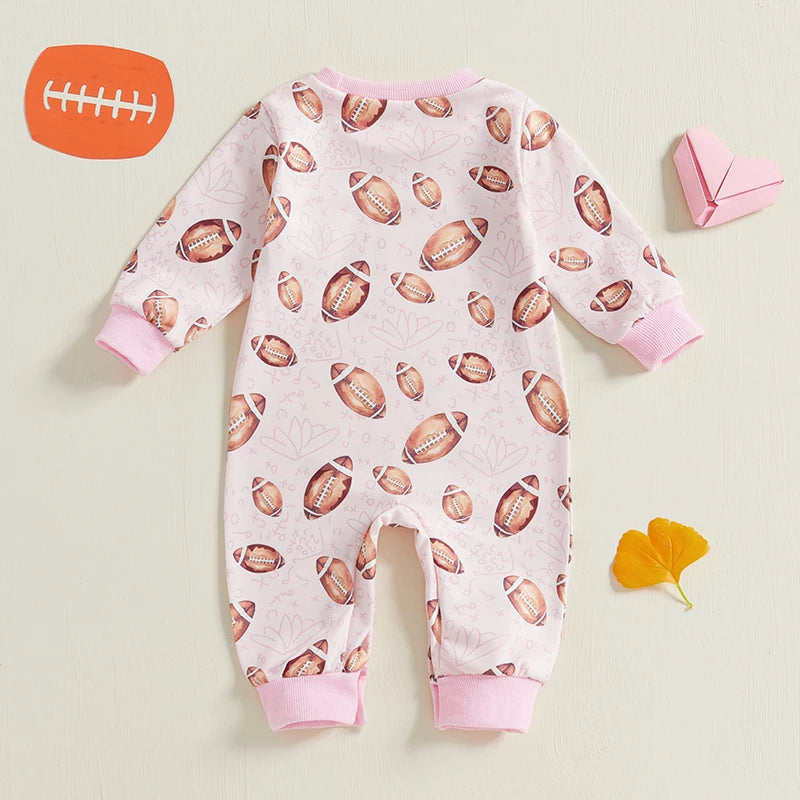 Baby Girls Crewneck Fall Romper Football Print Long Sleeve Jumpsuit