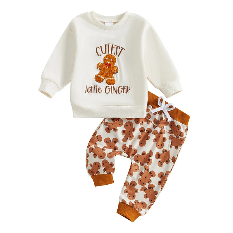 Baby Toddler Boys Girls 2Pcs Christmas Sets Long Sleeve Letter Gingerbread Man Embroidery Top Drawstring Pant Jogger Set