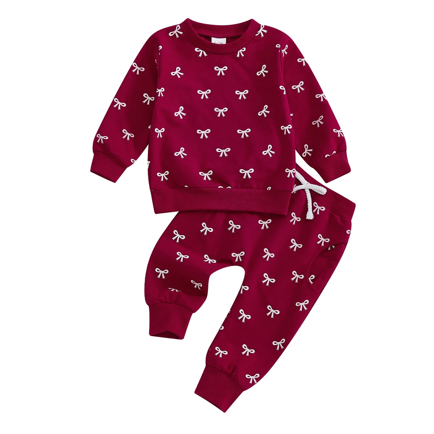 Baby Toddler Girl 2Pcs Fall Outfits Bow Print Long Sleeve Round Neck Pullover + Elastic Waist Long Pants 2Pcs Jogger Set