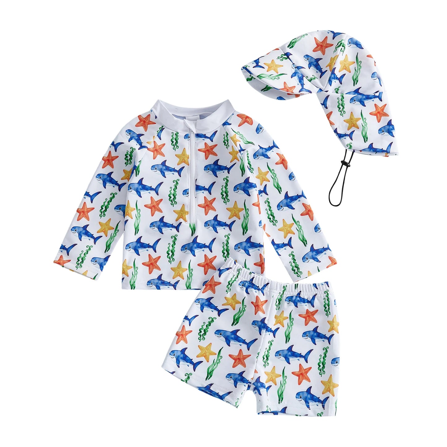 Baby Toddler Boys 3Pcs Rash Guard Swimsuit Print Zip Up Long Sleeve Swimwear Top Swim Shorts and Hat Set