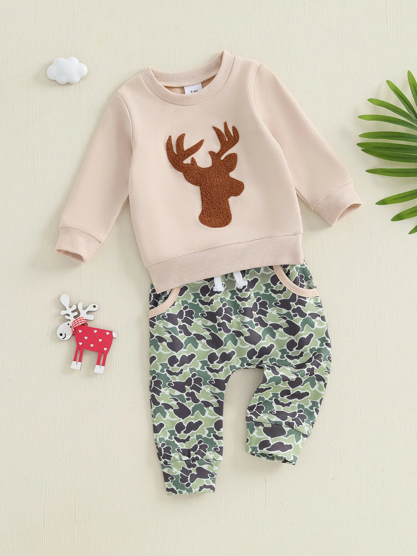 Baby Toddler Boys 2Pcs Fall Outfit Deer Print Long Sleeve Crewneck Top and Elastic Camouflage Pants Clothes Jogger Set