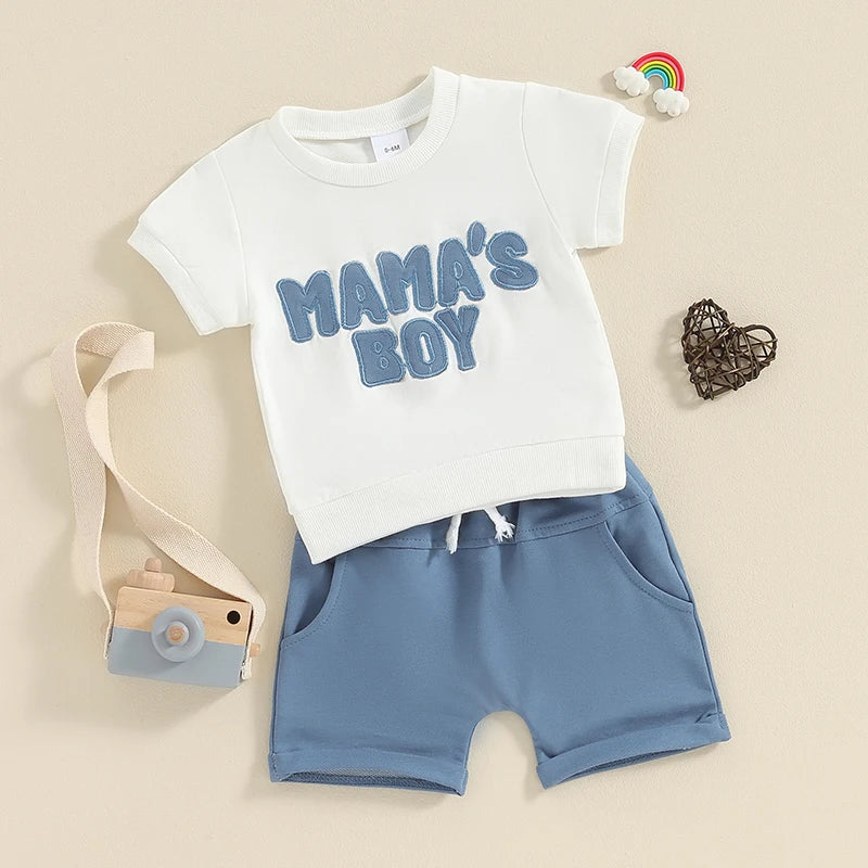 Toddler Baby Boy 2Pcs Mama's Boy Letter Embroidery Short Sleeve Top Solid Shorts Outfit Set