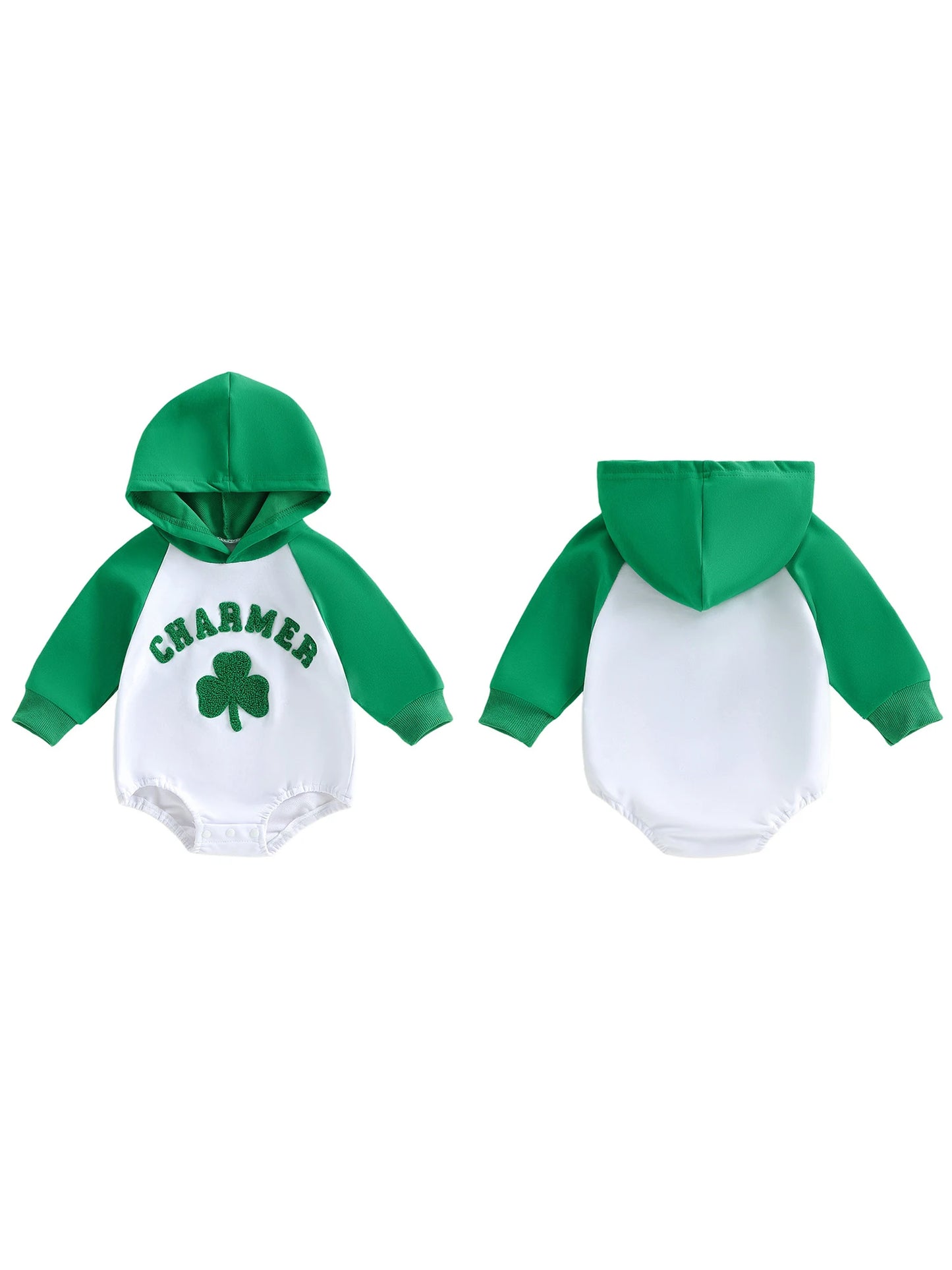 Baby Boys Charmer Irish St. Patrick's Day Romper Long Sleeve Shamrock Letter Embroidery Hooded Bodysuit Playsuit