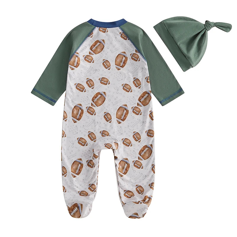 Baby Boys 2Pcs Footie Set Long Sleeve Crew Neck Football Print Jumpsuit Romper with Hat Outfit