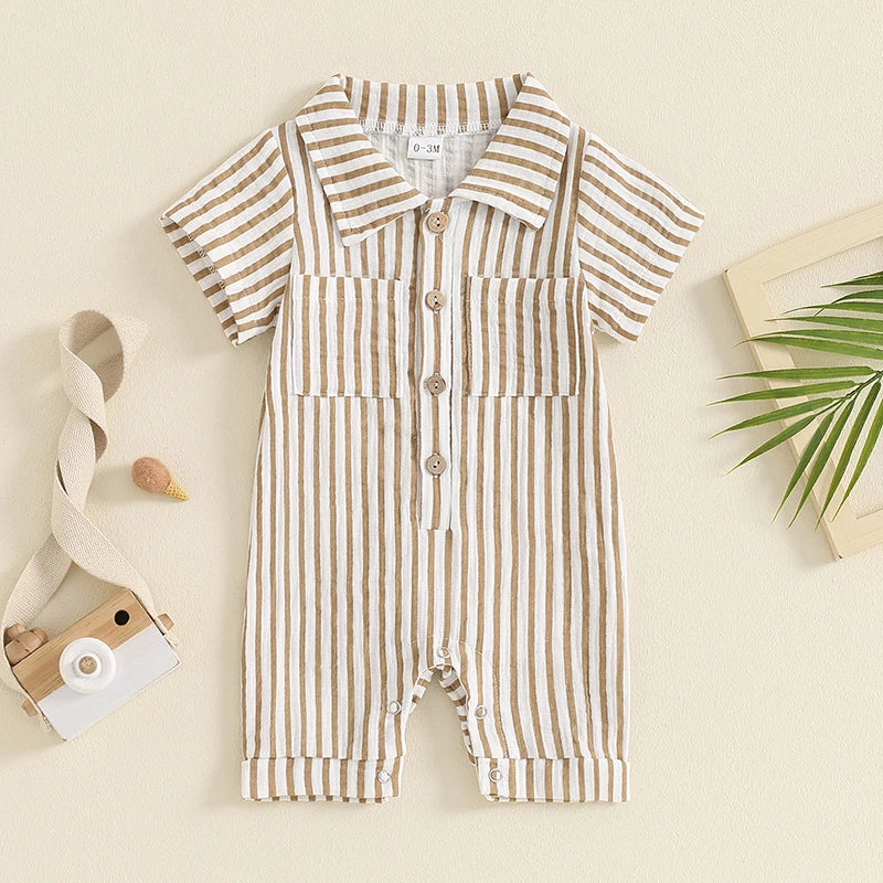 Baby Boy Striped Romper Short Sleeve Front Pocket Single-breasted Button Collar Legs Jumpsuit