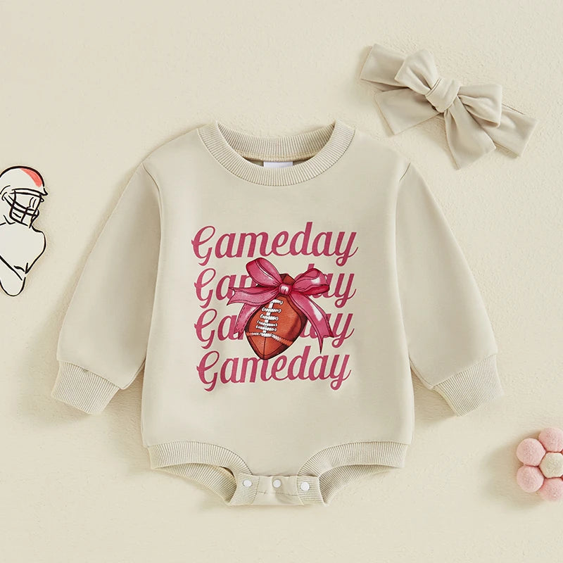 Baby Girls 2Pcs Gameday Football Letter Bow Print Long Sleeve Bubble Romper Headband Outfit Set