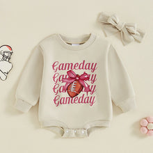 Load image into Gallery viewer, Baby Girls 2Pcs Gameday Football Letter Bow Print Long Sleeve Bubble Romper Headband Outfit Set
