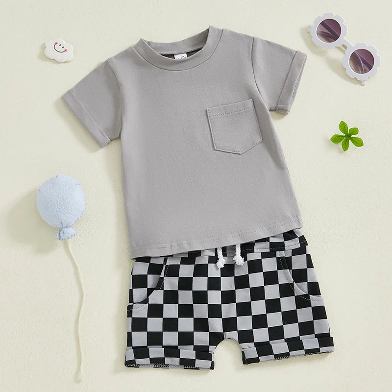 Baby Toddler Boys 2Pcs Summer Outfit Solid Color Short Sleeve Top T-Shirt Checkered Shorts Set