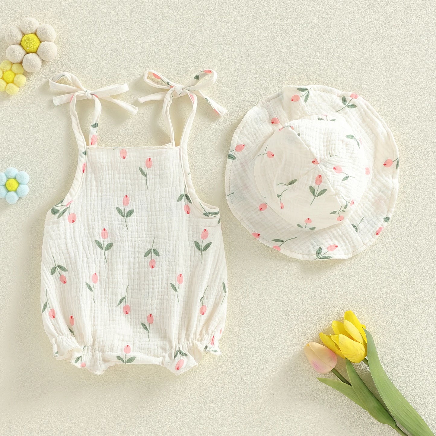 Baby Girls 2Pcs Summer Sweet Romper Infant Sleeveless Strappy Floral Overalls with Hat Set