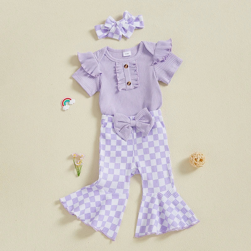 Baby Girls 3Pcs Summer Spring Clothes Solid Ribbed Short Sleeve Romper with Checkered Print Flare Long Pants and Headband Set