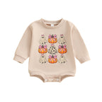 Baby Girl Halloween Bodysuit Long Sleeve Bow Ghost Pumpkin Print Bubble Romper Fall Playsuit