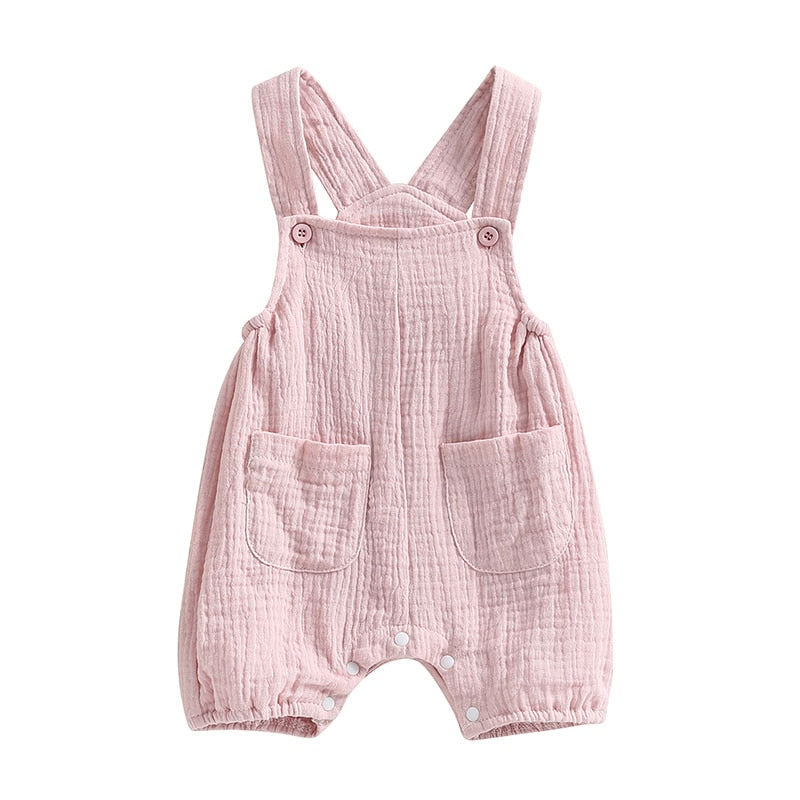 Infant Baby Boy Girl Summer Suspenders Jumpsuit Solid Romper with Pockets