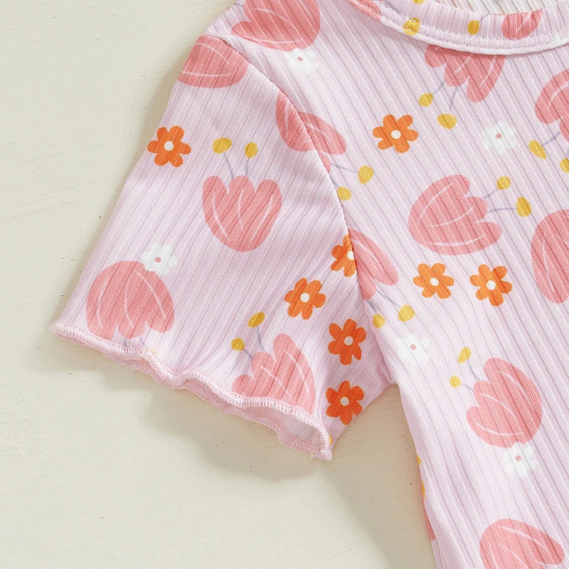 Baby Toddler Girls 2Pcs Ribbed Shorts Set Bow Heart Print Short Sleeve Round Neck Top Elastic Waistband Shorts