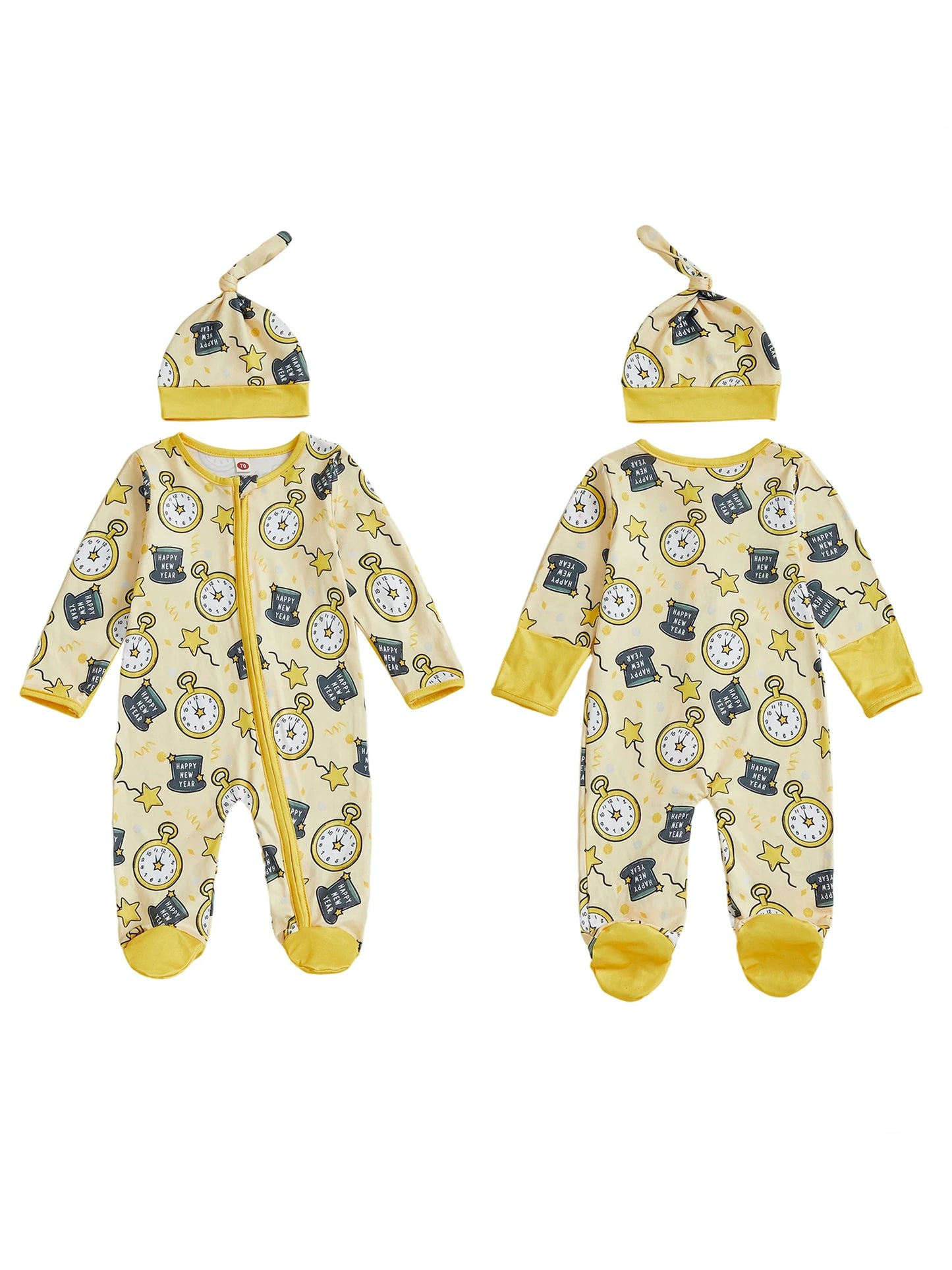 Baby Boy Girl 2Pcs Happy New Year Outfits Cute Long Sleeve Round Neck Hat Clock Print Footed Jumpsuit and Hat Set