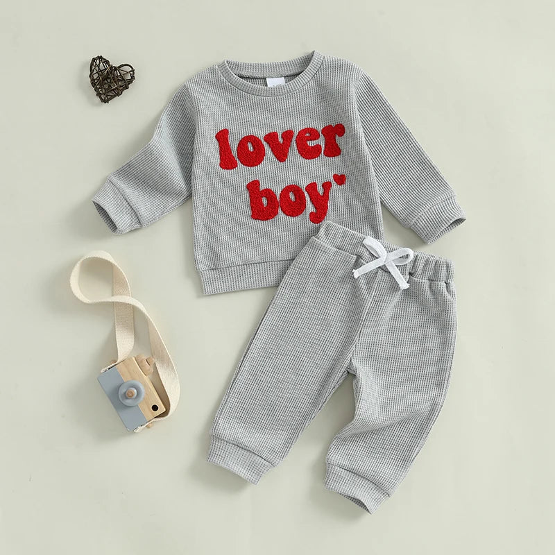 Baby Toddler Boys 2Pcs Lover Boy Valentine's Day Outfit Letter Embroidery Ribbed Long Sleeve Crew Neck Top with Drawstring Jogger Pants Valentines Set