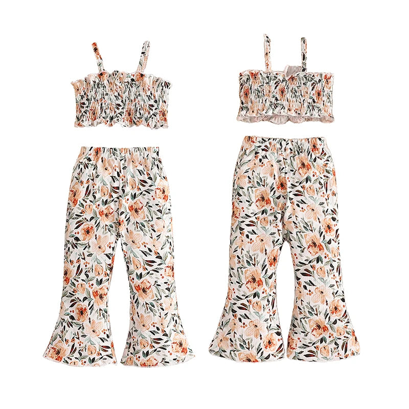 Baby Toddler Kids Girls 2Pcs Summer Sleeveless Tank Top Ruched Floral Flower Print Camisole Flared Matching Long Pants Set Outfit