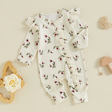 Load image into Gallery viewer, Baby Girls Long Sleeve Romper Floral Flowers Print Ruffles Front Zipper Jumpsuit
