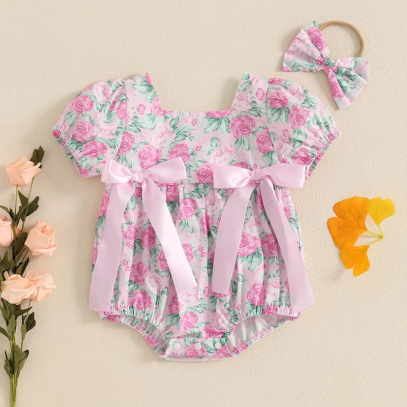 Baby Girls 2Pcs Romper Floral Print Short Sleeve Bodysuit Jumpsuit with Bow Headband Set