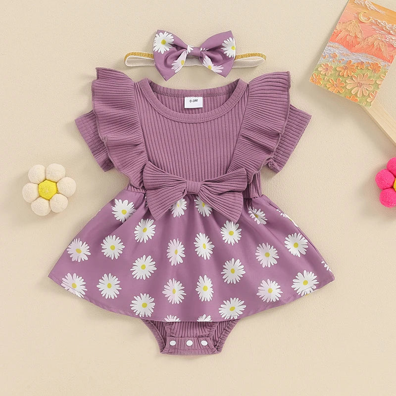 Baby Girl 2Pcs Romper Dress Skirt Daisy Print Short Sleeve Round Neck Jumpsuit Frill Sleeve with Bow Headband